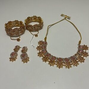 Elegant Gold and pink floral jewelry set - necklace, earrings, and bangles